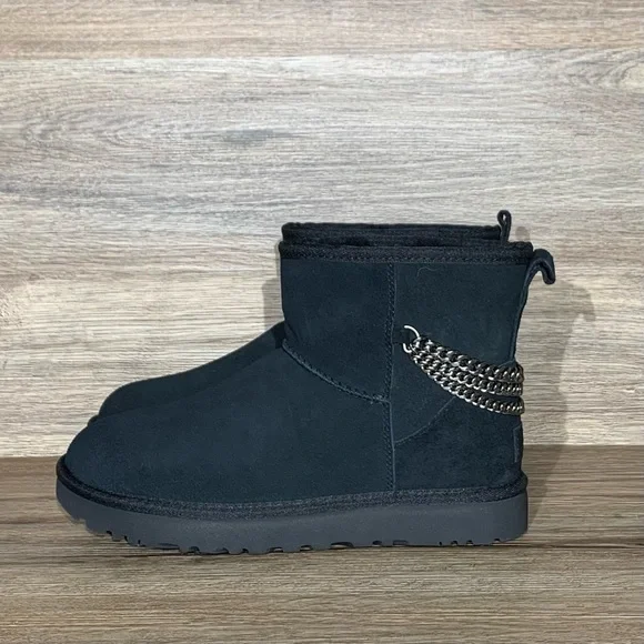 UGG Women’s Classic Mini Chain Black Suede Boots - Picture 3 of 11